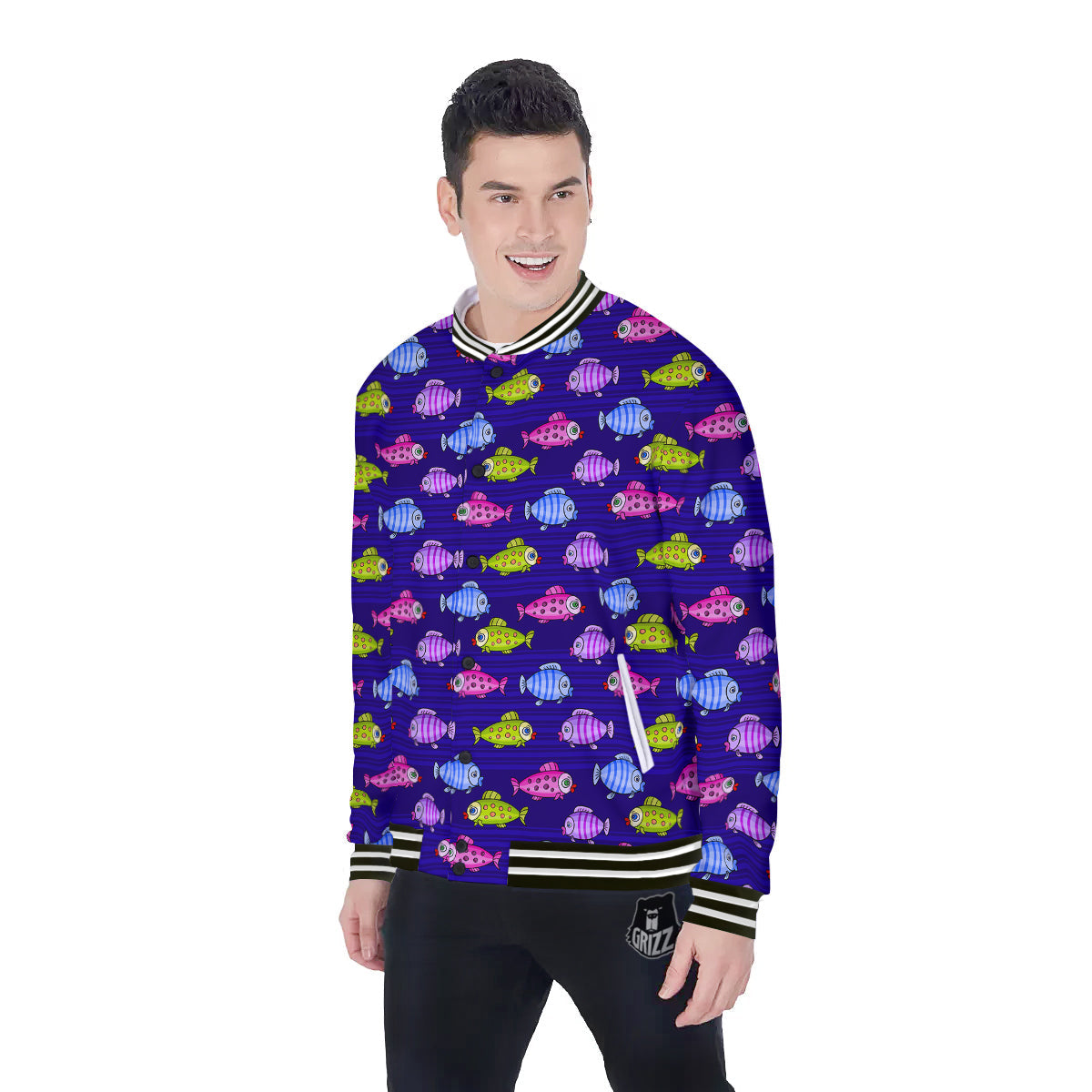 Fish Cartoon Print Pattern Baseball Jacket-grizzshop