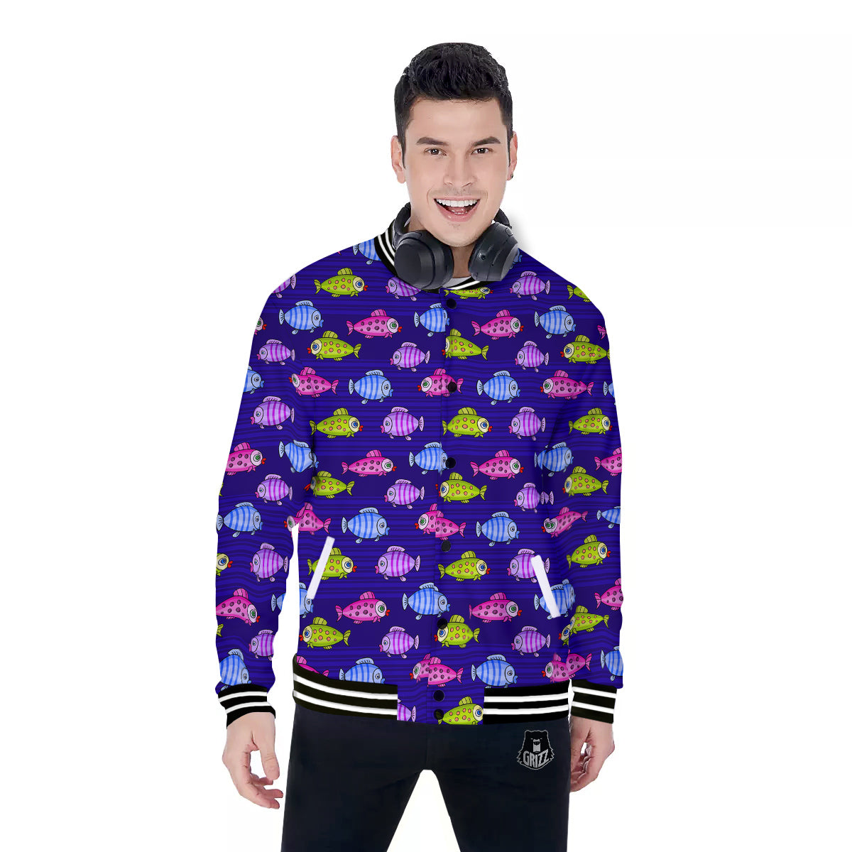 Fish Cartoon Print Pattern Baseball Jacket-grizzshop