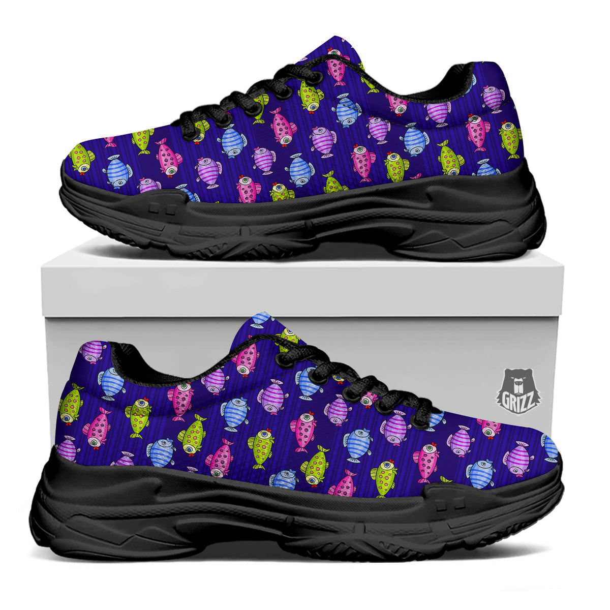 Fish Cartoon Print Pattern Black Chunky Shoes-grizzshop