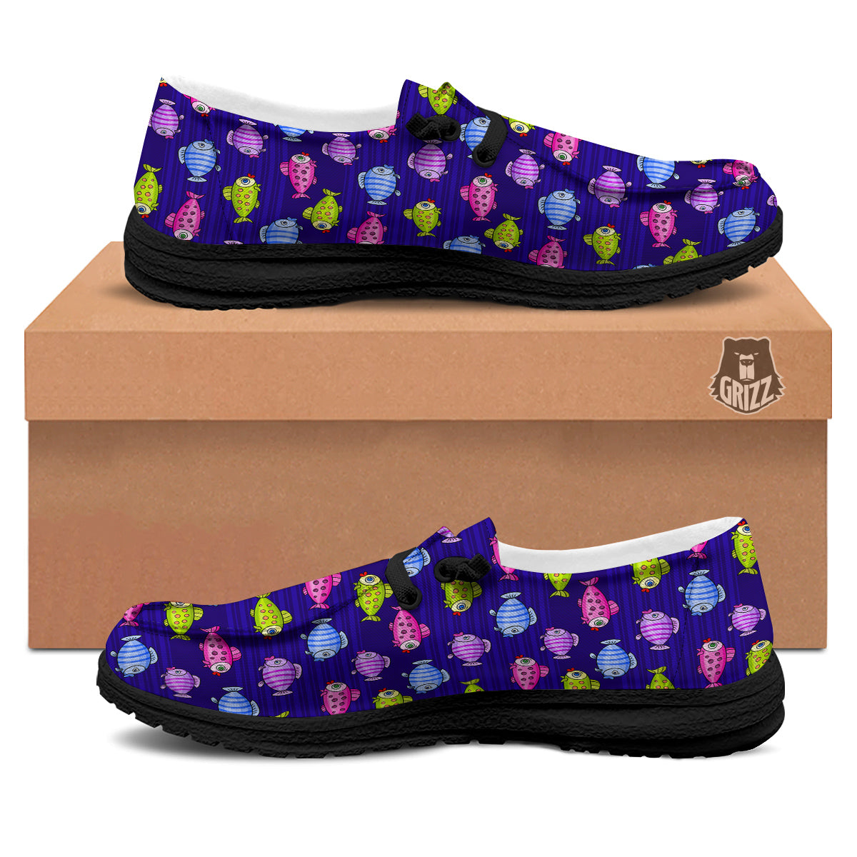 Fish Cartoon Print Pattern Black Loafers-grizzshop