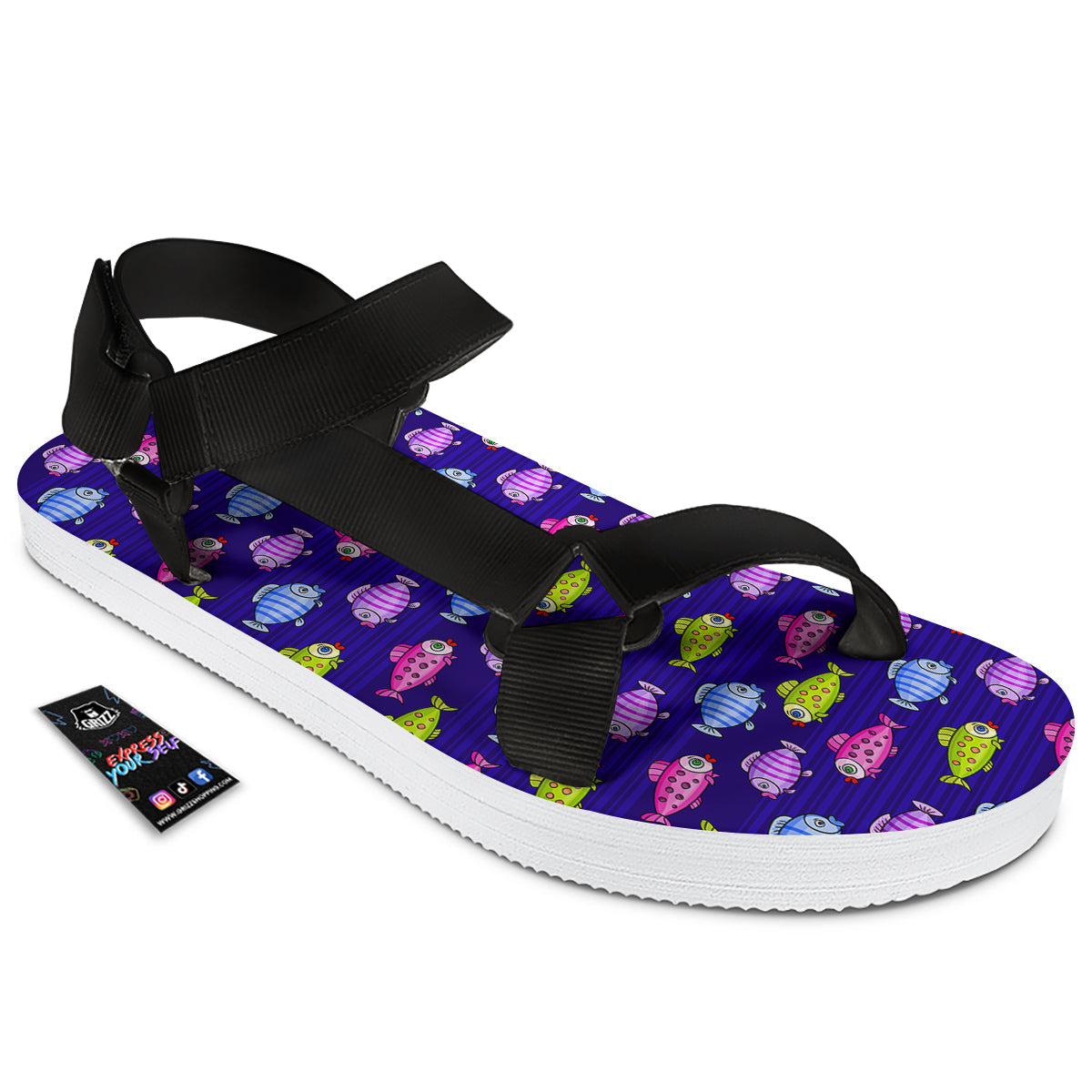 Fish Cartoon Print Pattern Black Open Toe Sandals-grizzshop