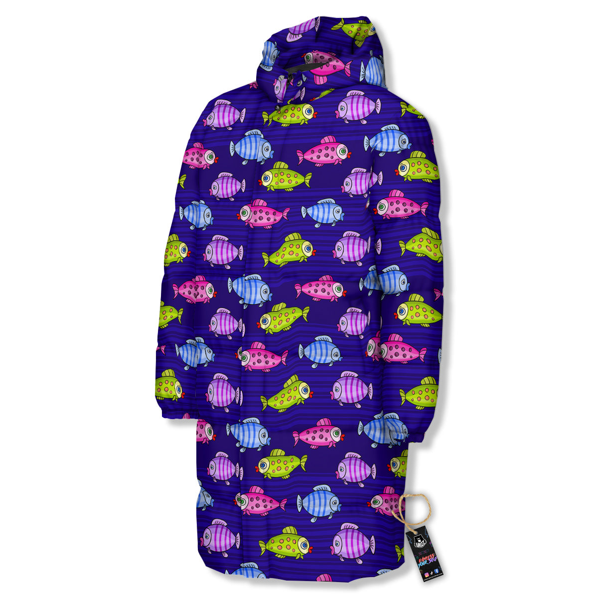 Fish Cartoon Print Pattern Long Down Jacket-grizzshop