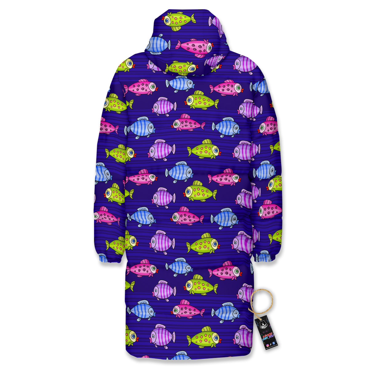 Fish Cartoon Print Pattern Long Down Jacket-grizzshop