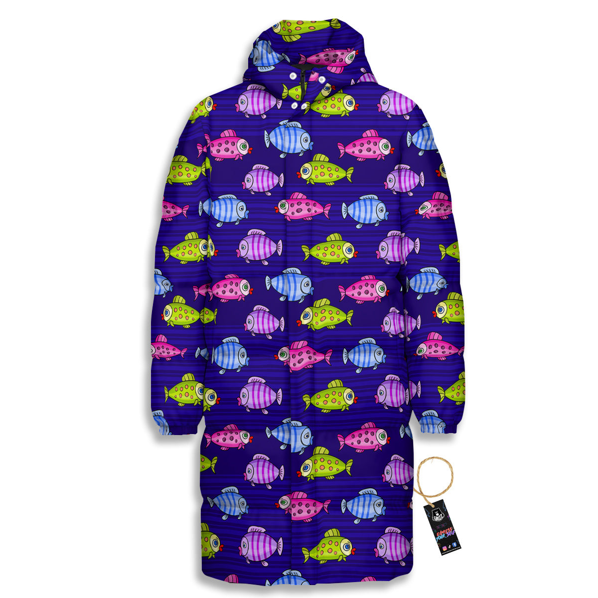 Fish Cartoon Print Pattern Long Down Jacket-grizzshop