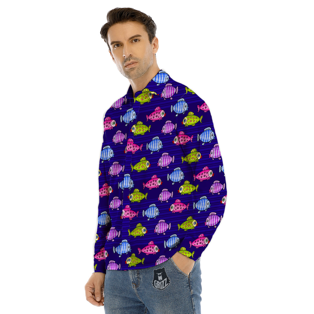 Fish Cartoon Print Pattern Men's Dress Shirts-grizzshop