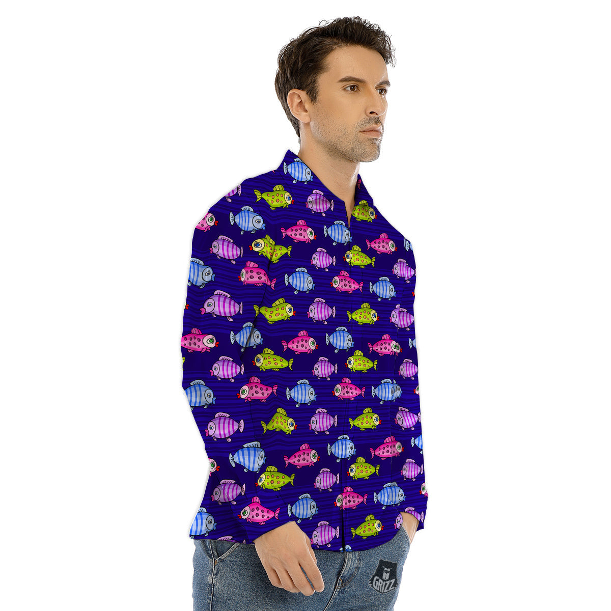Fish Cartoon Print Pattern Men's Dress Shirts-grizzshop