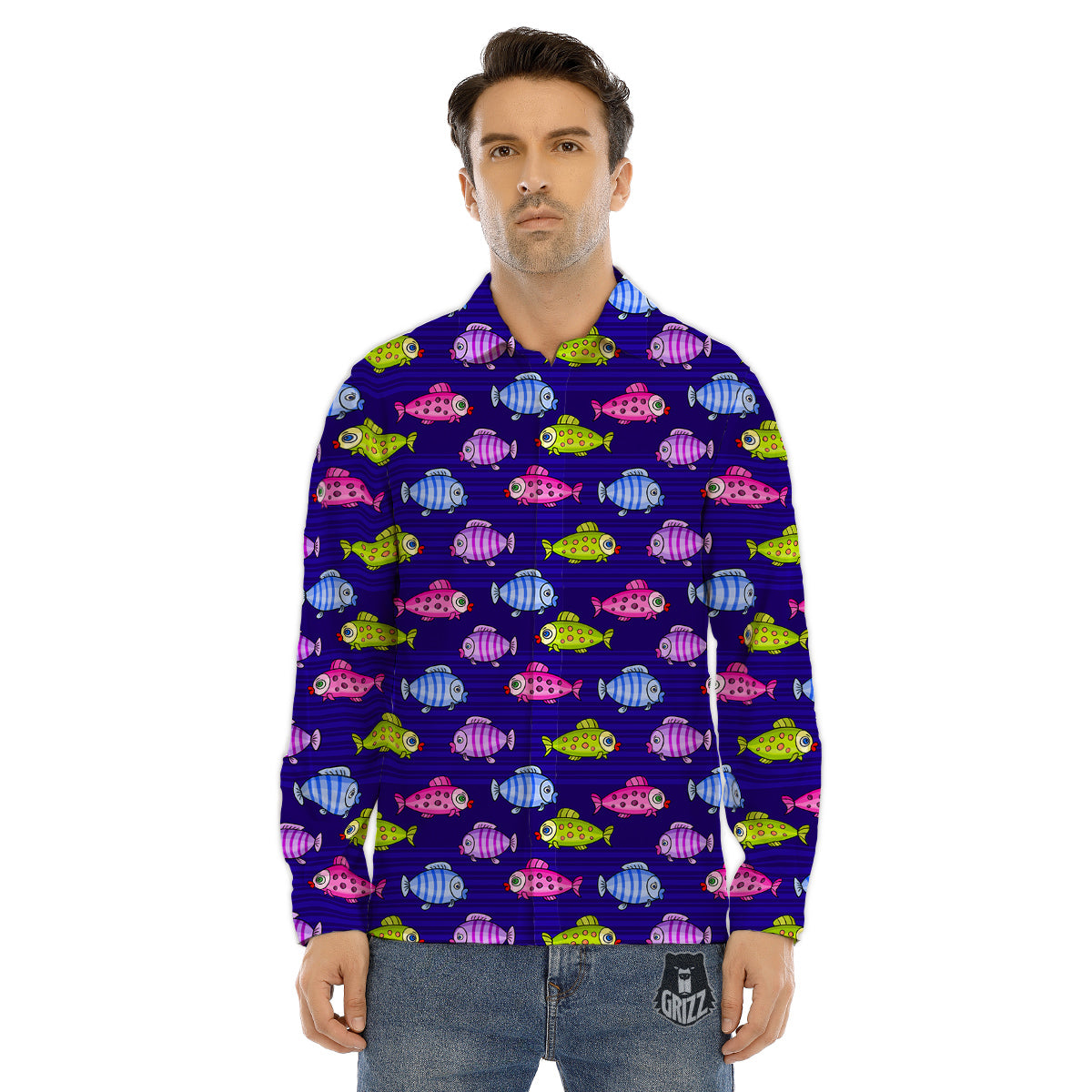 Fish Cartoon Print Pattern Men's Dress Shirts-grizzshop