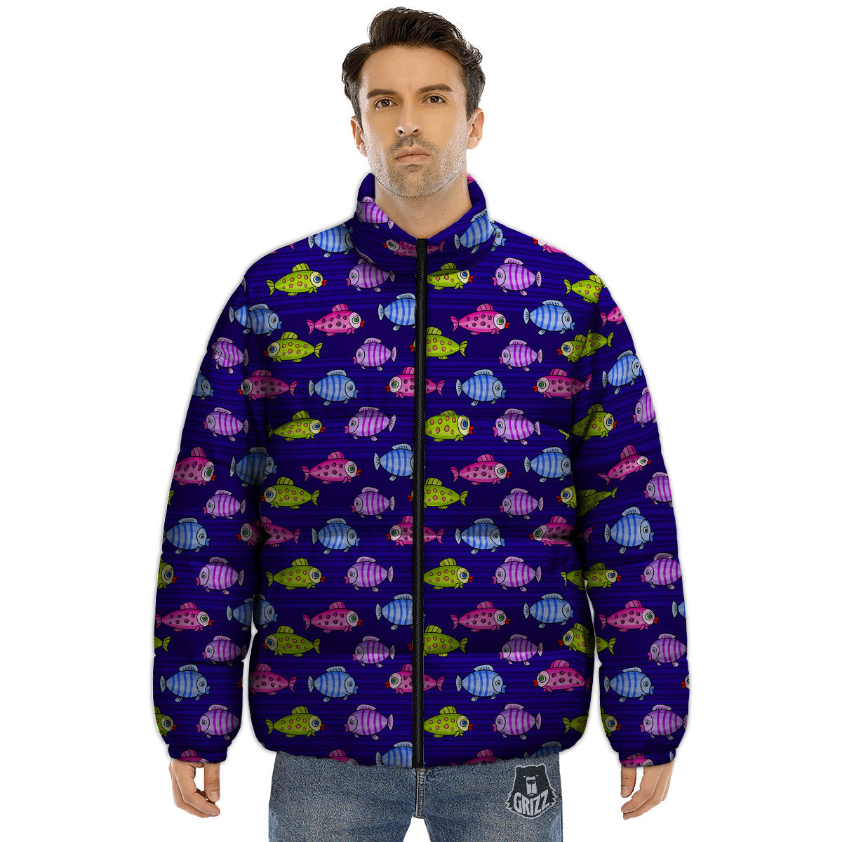 Fish Cartoon Print Pattern Puffer Jacket-grizzshop