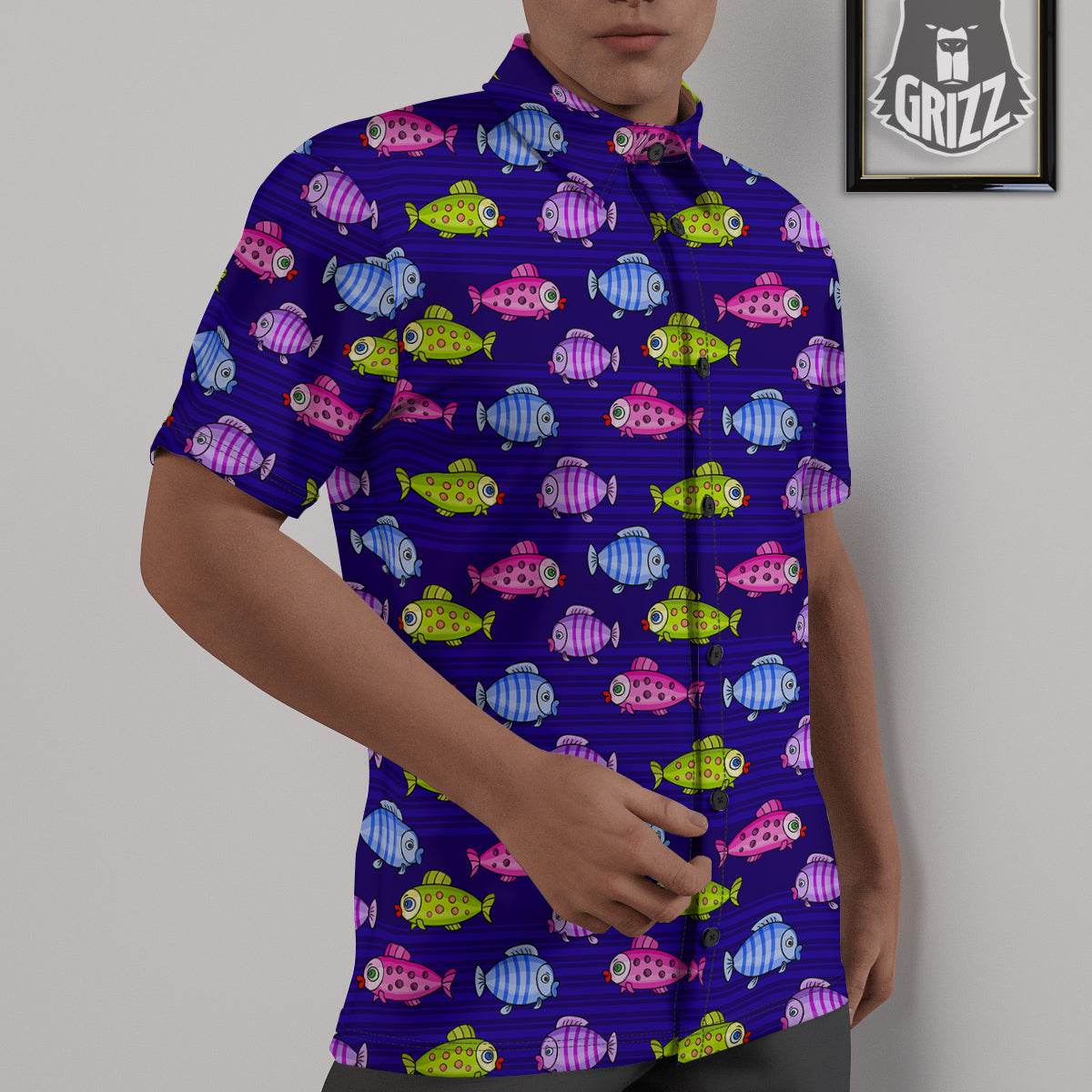 Fish Cartoon Print Pattern Untucked Shirts-grizzshop