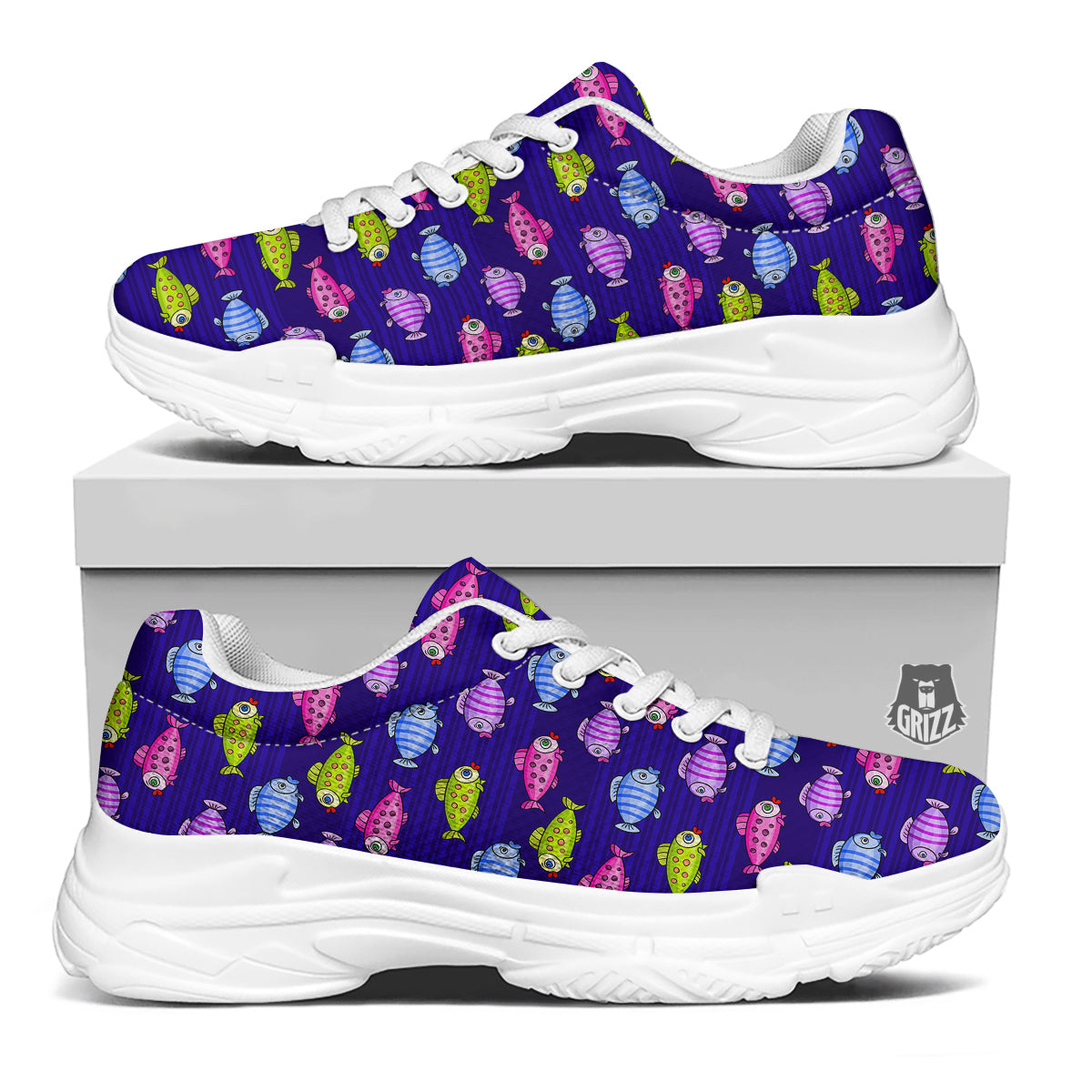 Fish Cartoon Print Pattern White Chunky Shoes-grizzshop