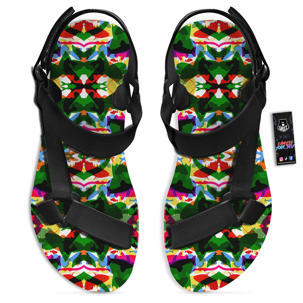 Fish Colorful Abstract Print Pattern Black Open Toe Sandals-grizzshop