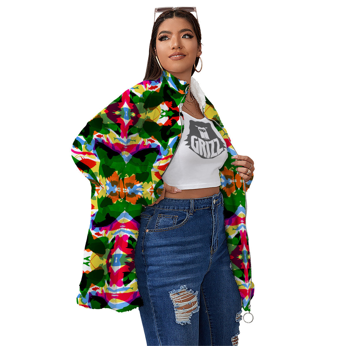 Fish Colorful Abstract Print Pattern Women's Sherpa Jacket-grizzshop