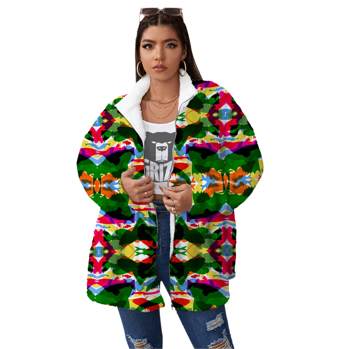 Fish Colorful Abstract Print Pattern Women's Sherpa Jacket-grizzshop