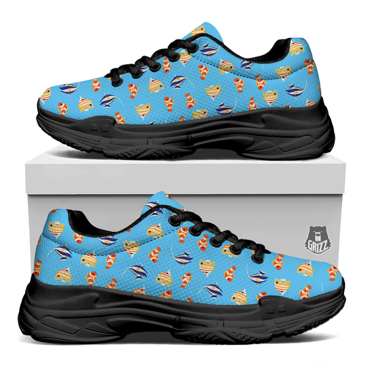 Fish Cute Print Pattern Black Chunky Shoes-grizzshop