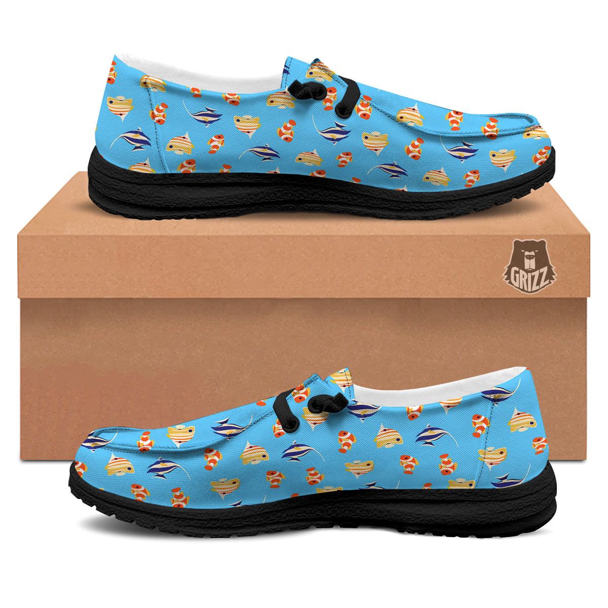Fish Cute Print Pattern Black Loafers-grizzshop