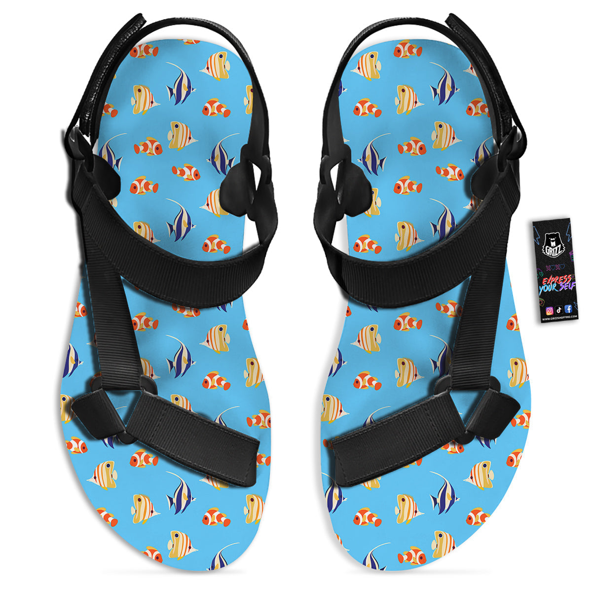 Fish Cute Print Pattern Black Open Toe Sandals-grizzshop