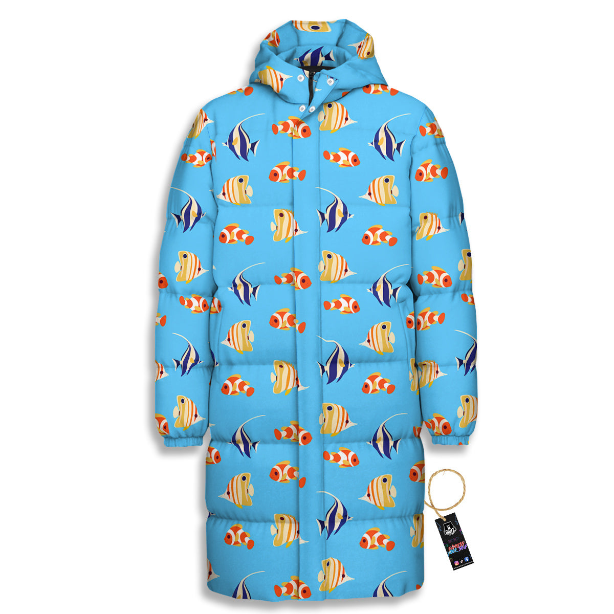 Fish Cute Print Pattern Long Down Jacket-grizzshop