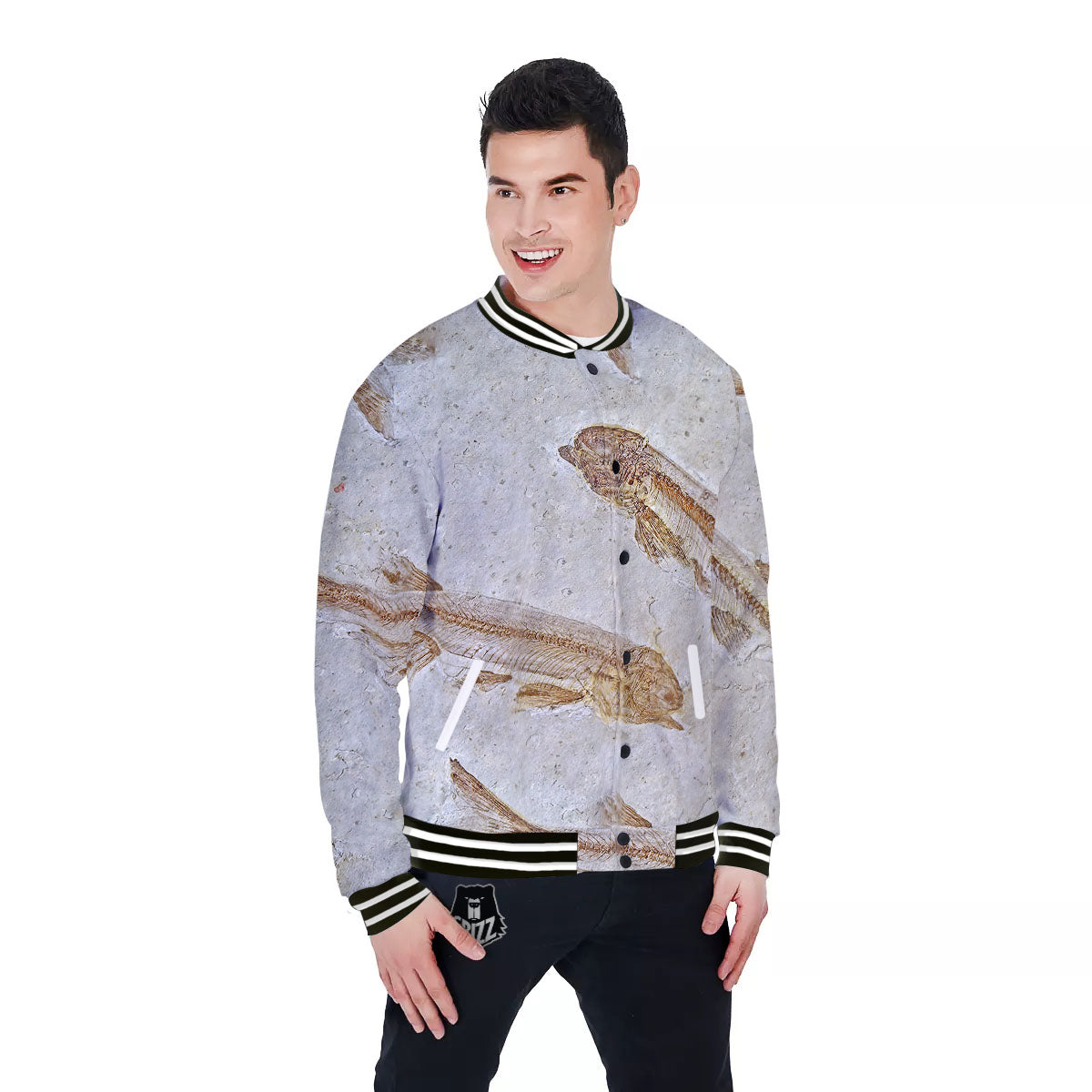 Fish Fossil Lycoptera Print Baseball Jacket-grizzshop
