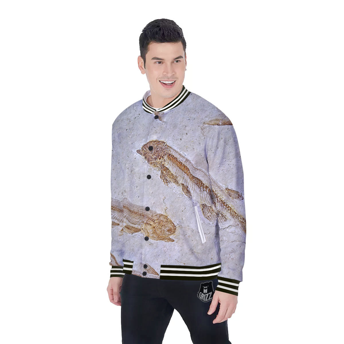 Fish Fossil Lycoptera Print Baseball Jacket-grizzshop
