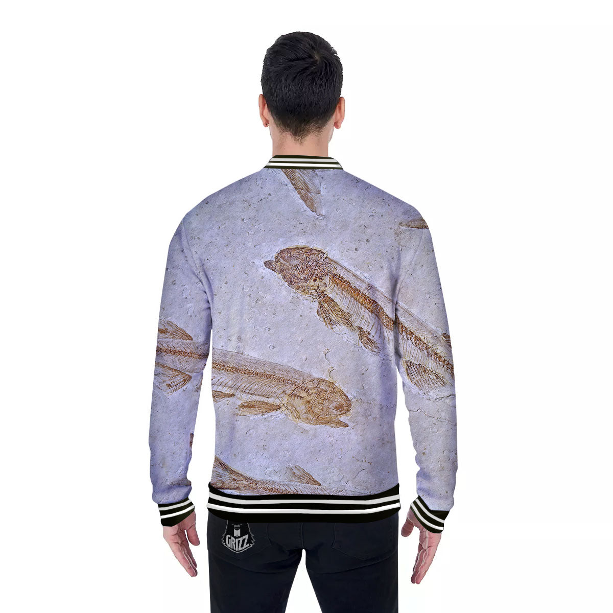 Fish Fossil Lycoptera Print Baseball Jacket-grizzshop