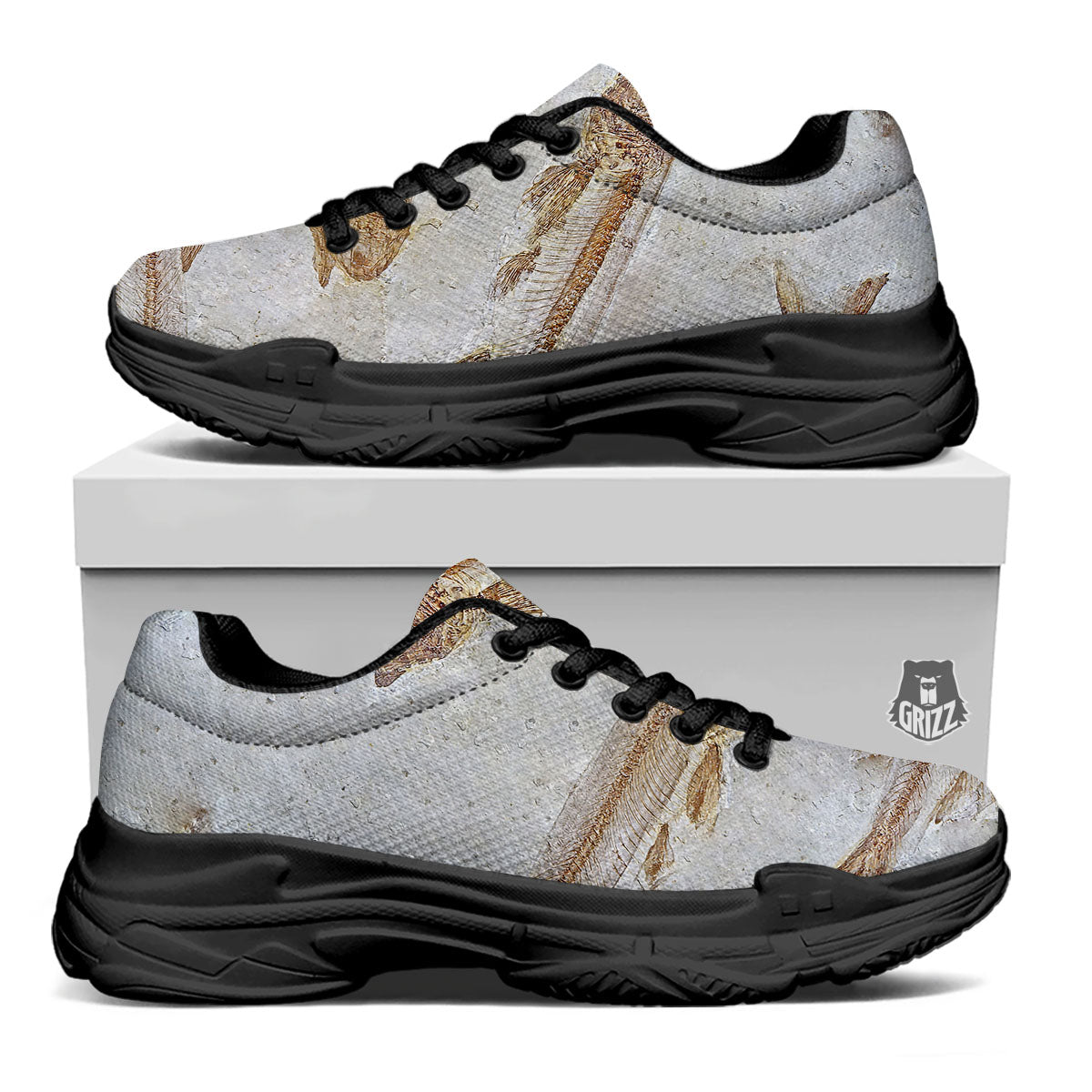 Fish Fossil Lycoptera Print Black Chunky Shoes-grizzshop