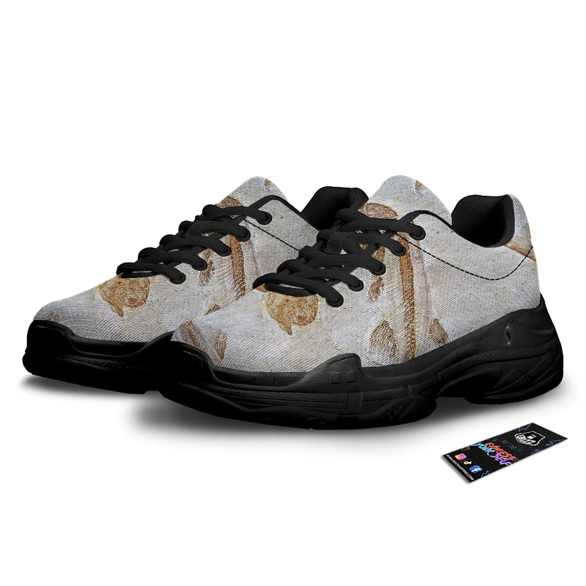 Fish Fossil Lycoptera Print Black Chunky Shoes-grizzshop