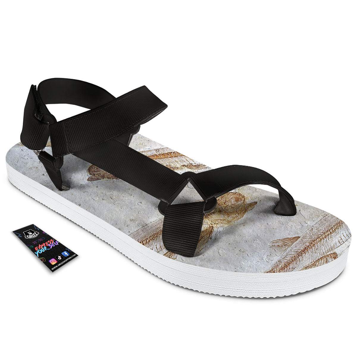 Fish Fossil Lycoptera Print Black Open Toe Sandals-grizzshop