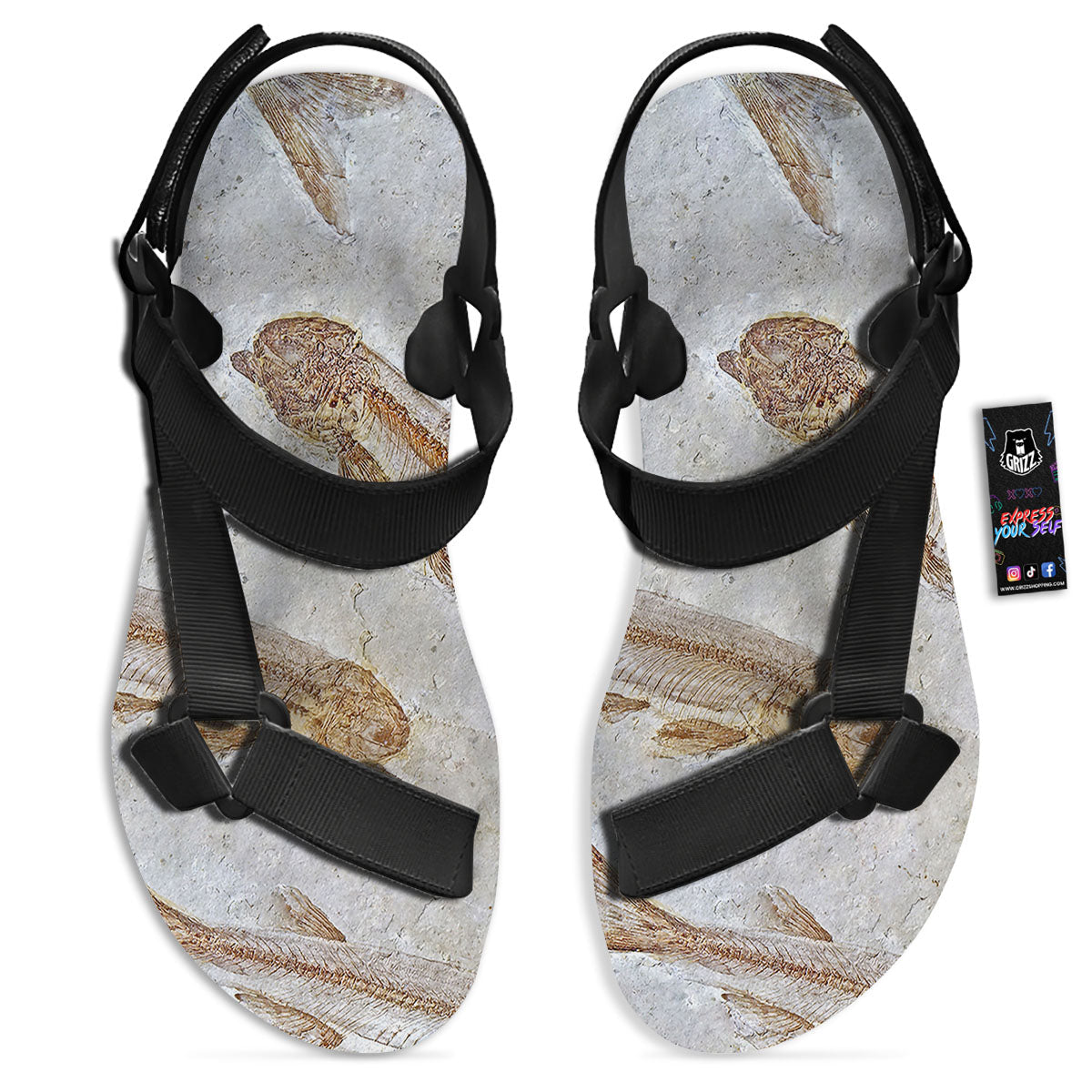 Fish Fossil Lycoptera Print Black Open Toe Sandals-grizzshop