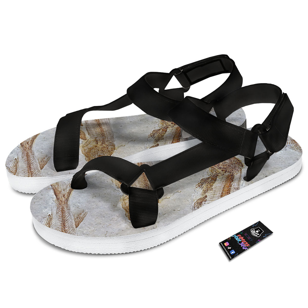 Fish Fossil Lycoptera Print Black Open Toe Sandals-grizzshop
