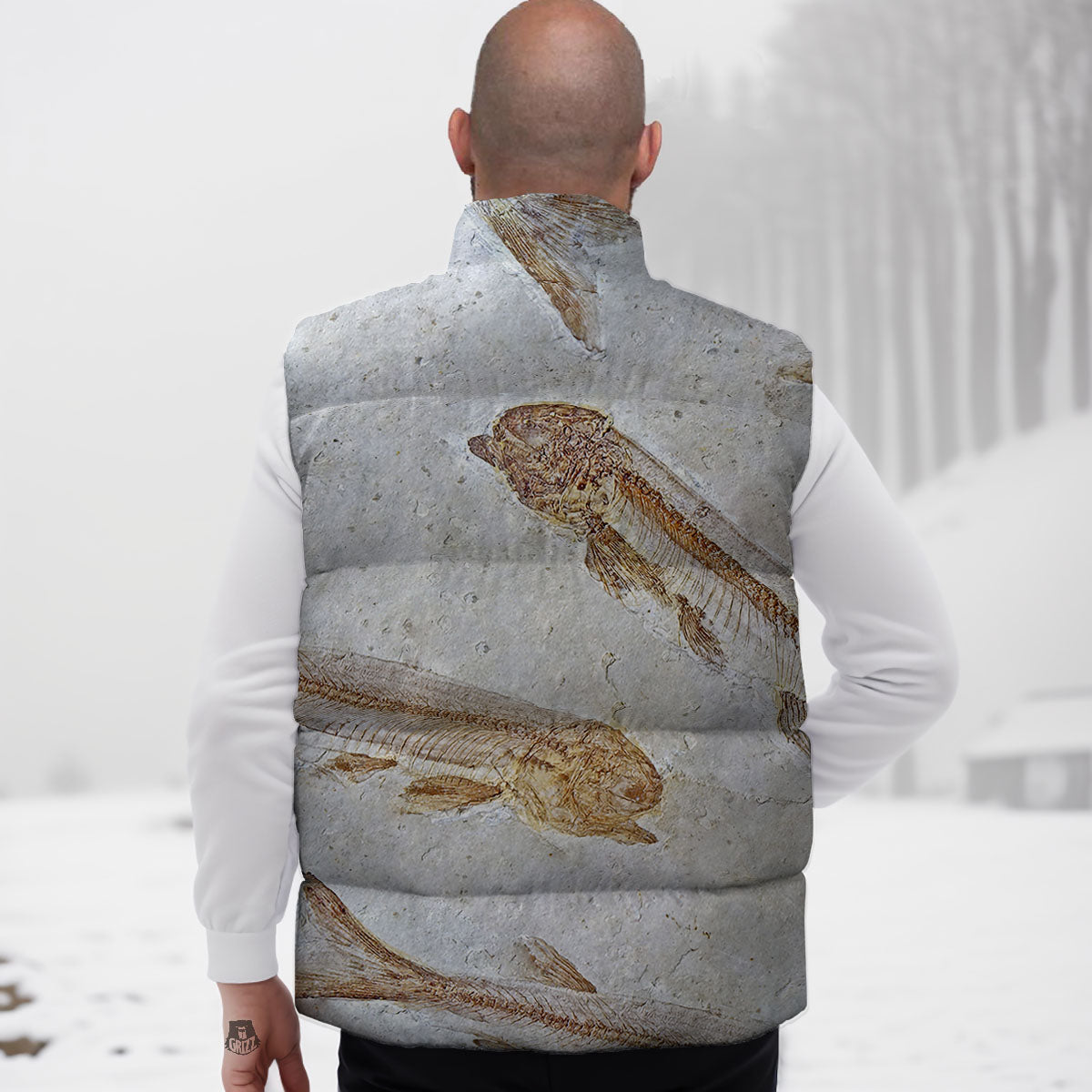 Fish Fossil Lycoptera Print Down Vest