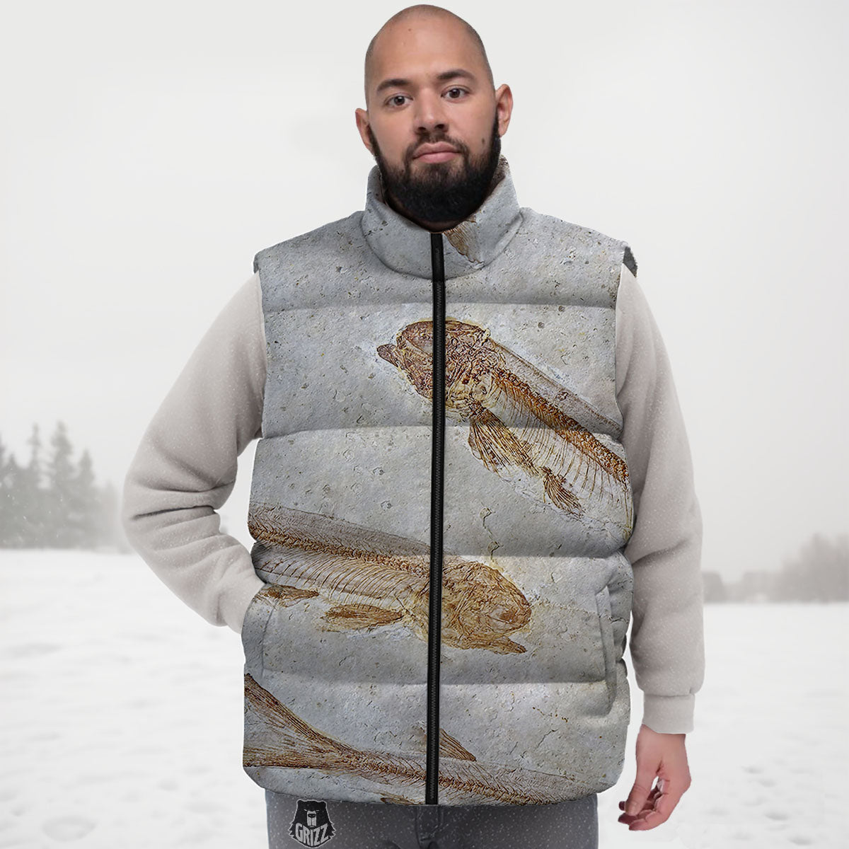 Fish Fossil Lycoptera Print Down Vest