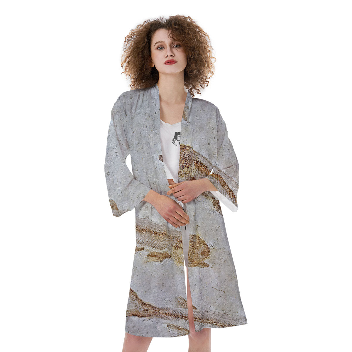 Fish Fossil Lycoptera Print Kimono-grizzshop
