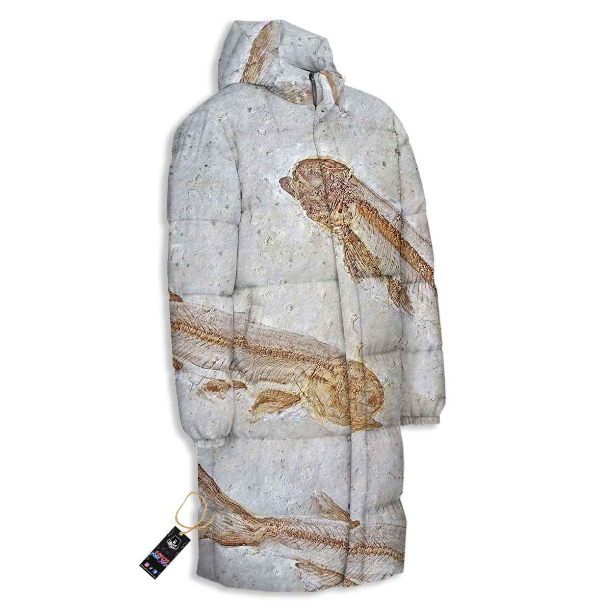 Fish Fossil Lycoptera Print Long Down Jacket-grizzshop