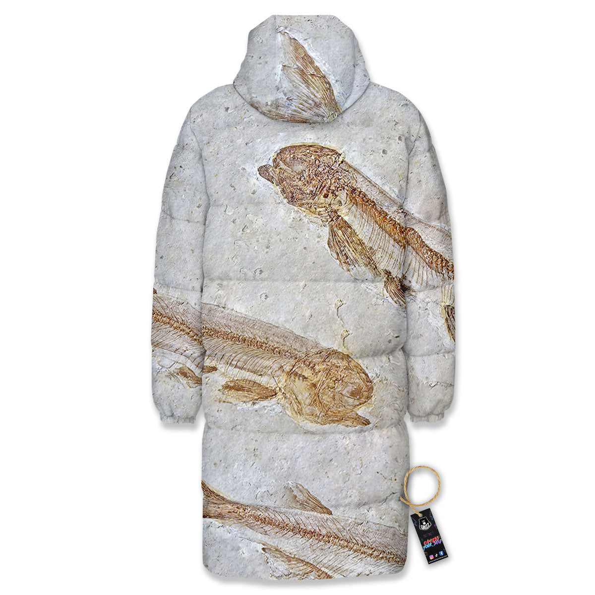Fish Fossil Lycoptera Print Long Down Jacket-grizzshop