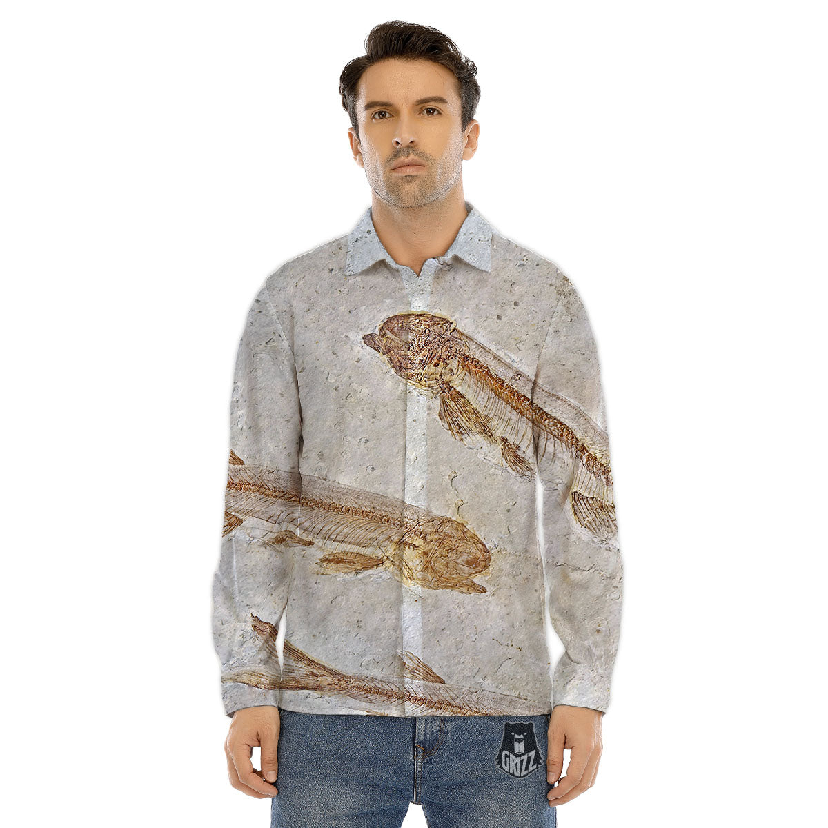 Fish Fossil Lycoptera Print Men's Dress Shirts-grizzshop