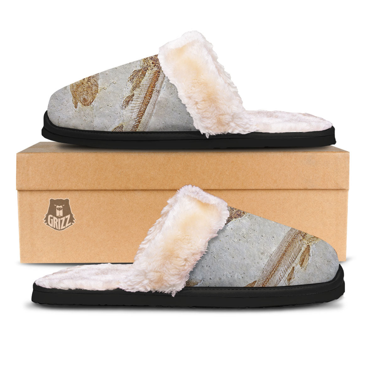 Fish Fossil Lycoptera Print Slippers-grizzshop