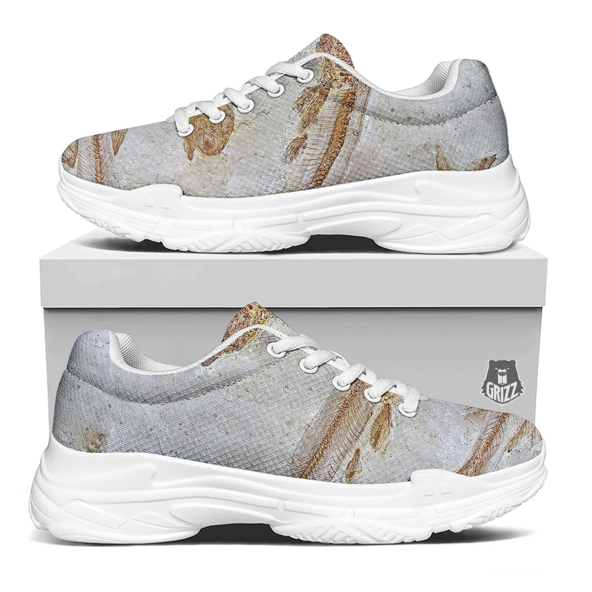 Fish Fossil Lycoptera Print White Chunky Shoes-grizzshop