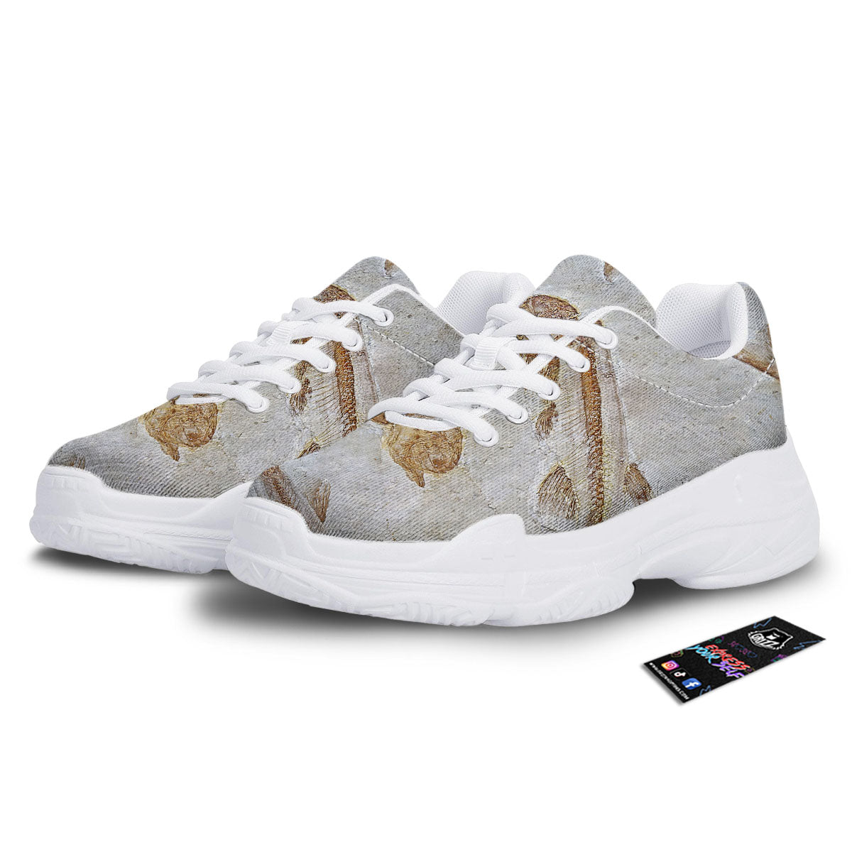 Fish Fossil Lycoptera Print White Chunky Shoes-grizzshop
