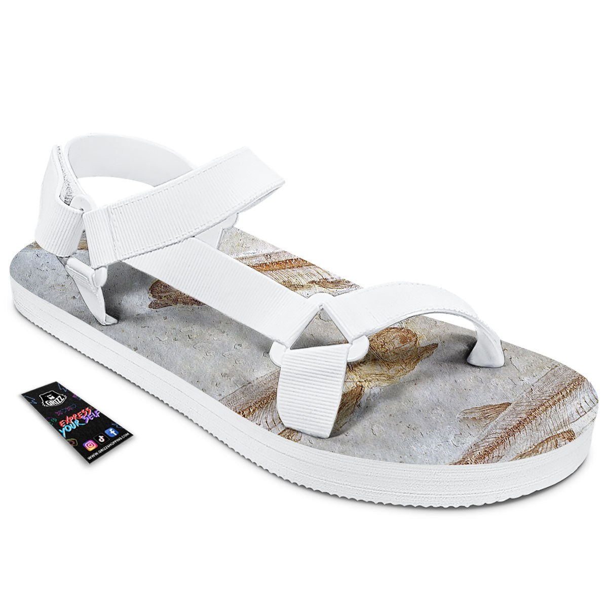 Fish Fossil Lycoptera Print White Open Toe Sandals-grizzshop