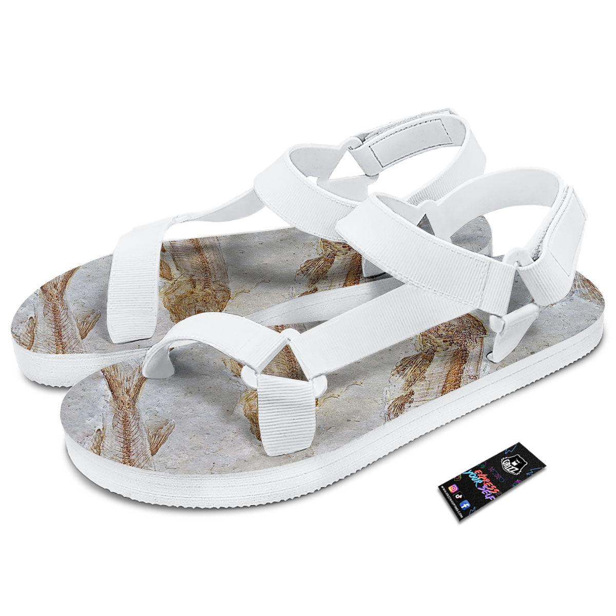 Fish Fossil Lycoptera Print White Open Toe Sandals-grizzshop