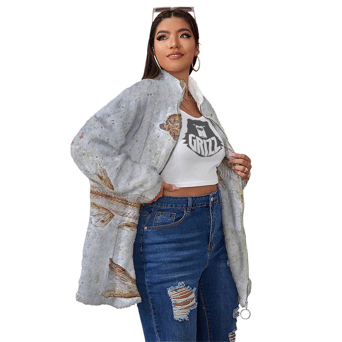 Fish Fossil Lycoptera Print Women's Sherpa Jacket-grizzshop