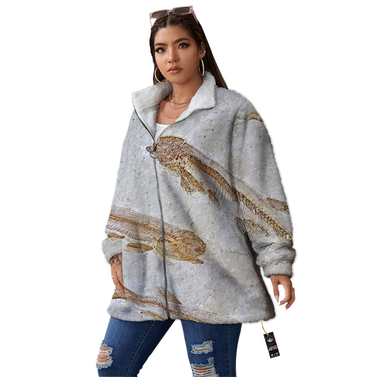Fish Fossil Lycoptera Print Women's Sherpa Jacket-grizzshop