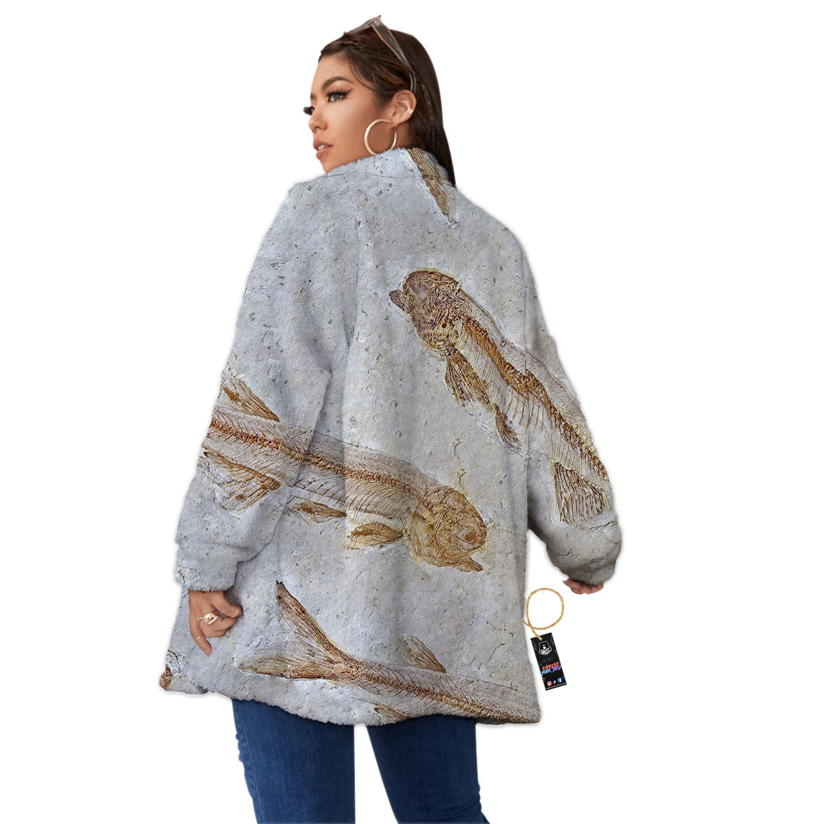 Fish Fossil Lycoptera Print Women's Sherpa Jacket-grizzshop