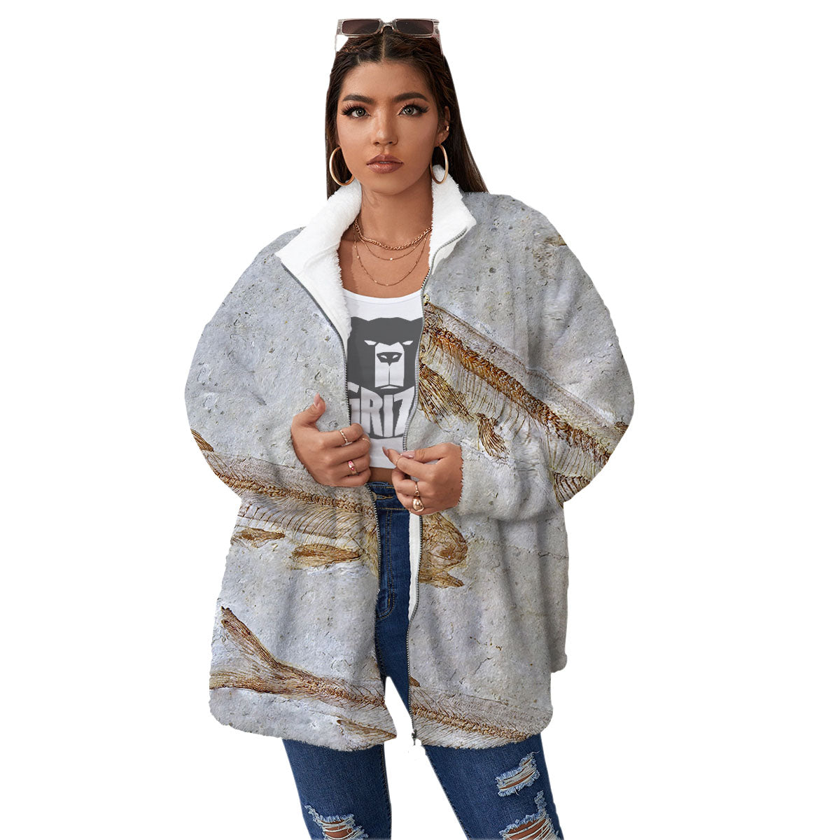 Fish Fossil Lycoptera Print Women's Sherpa Jacket-grizzshop