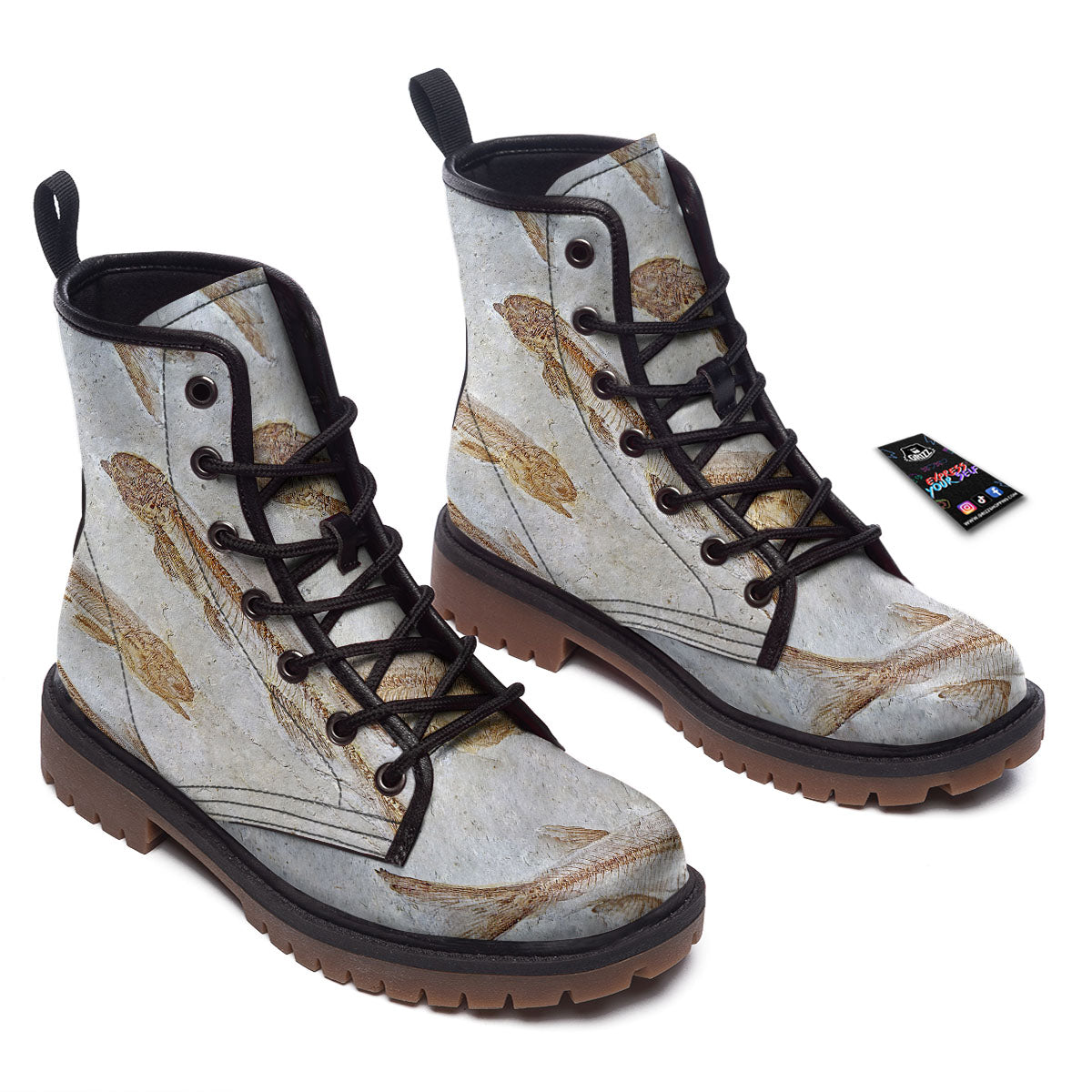 Fish Fossil Lycoptera Print Work Boots-grizzshop