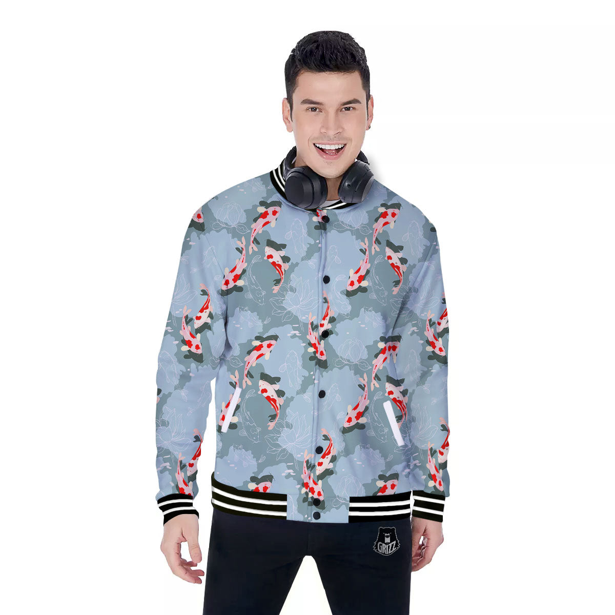 Fish Koi Print Pattern Baseball Jacket-grizzshop