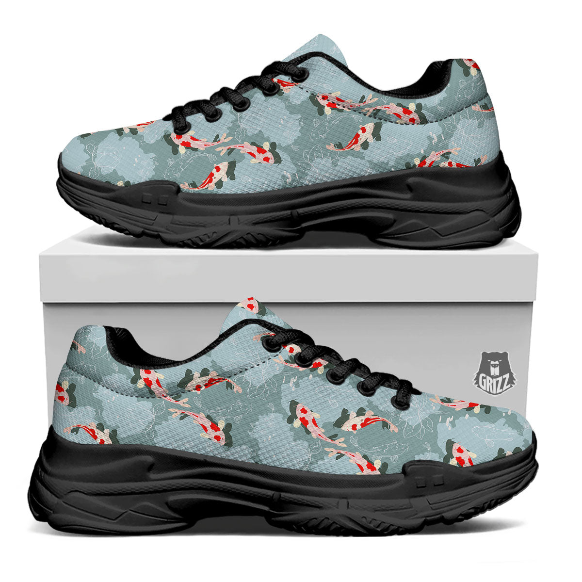 Fish Koi Print Pattern Black Chunky Shoes-grizzshop