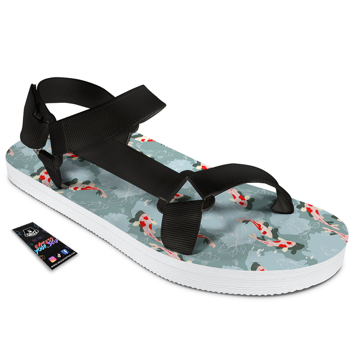Fish Koi Print Pattern Black Open Toe Sandals-grizzshop