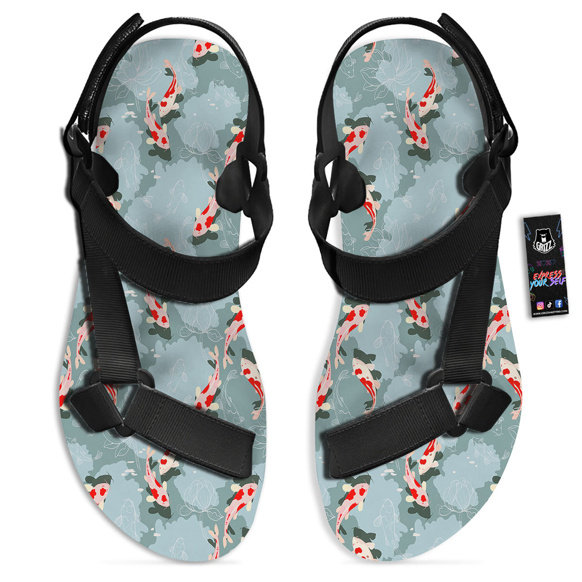 Fish Koi Print Pattern Black Open Toe Sandals-grizzshop
