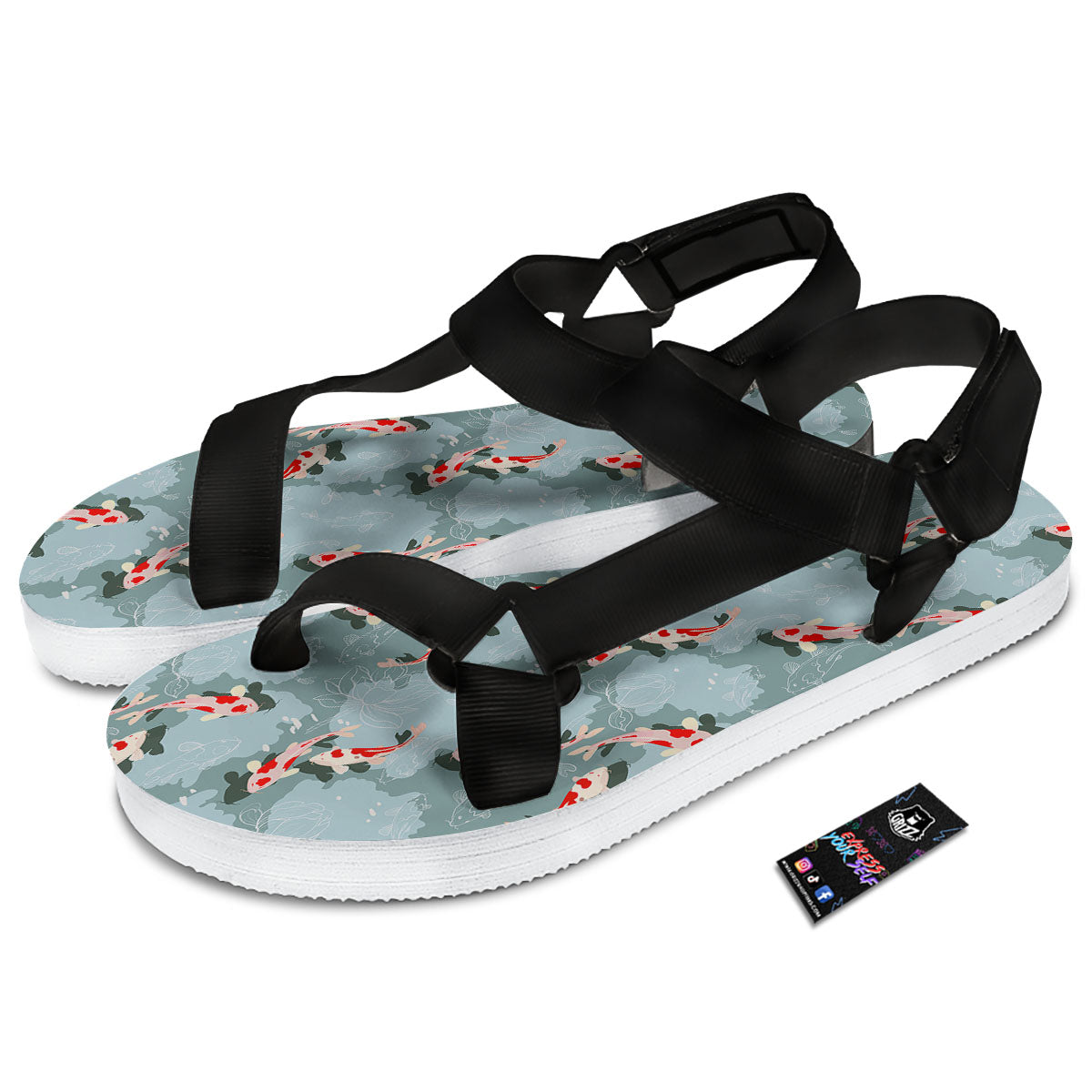 Fish Koi Print Pattern Black Open Toe Sandals-grizzshop